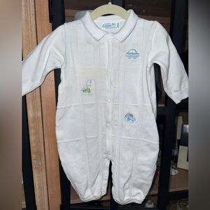 Feltman Bros knit baby boy coverall onesie embroidered cars long sleeve collar